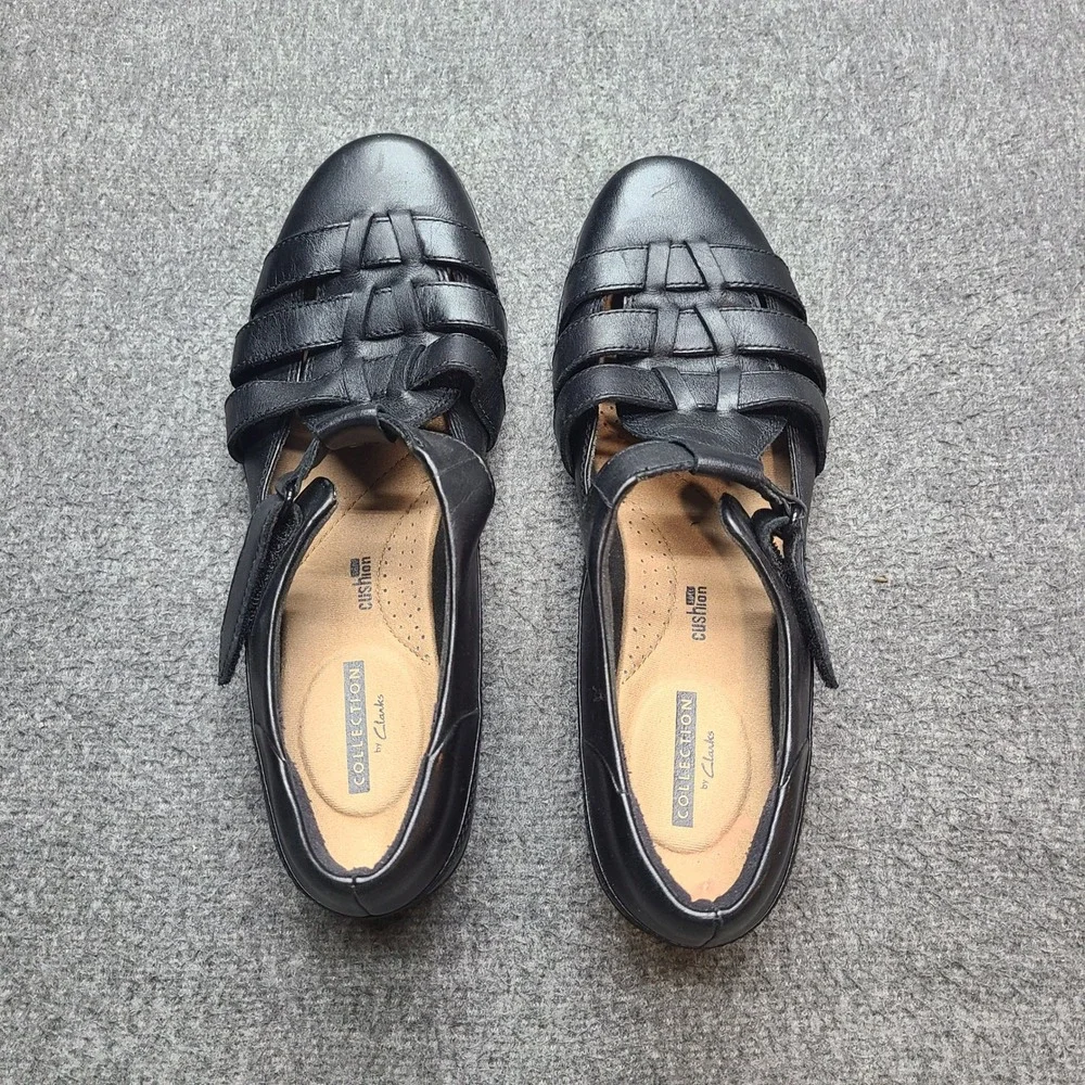 Clarks Women Black Leather Woven Strappy Mary Jane Flats Shoes 8.5M